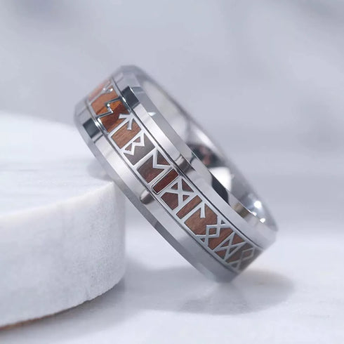 Men's 8mm Tungsten Viking Runes Pattern Wood Inlay Comfort-Fit Wedding Band